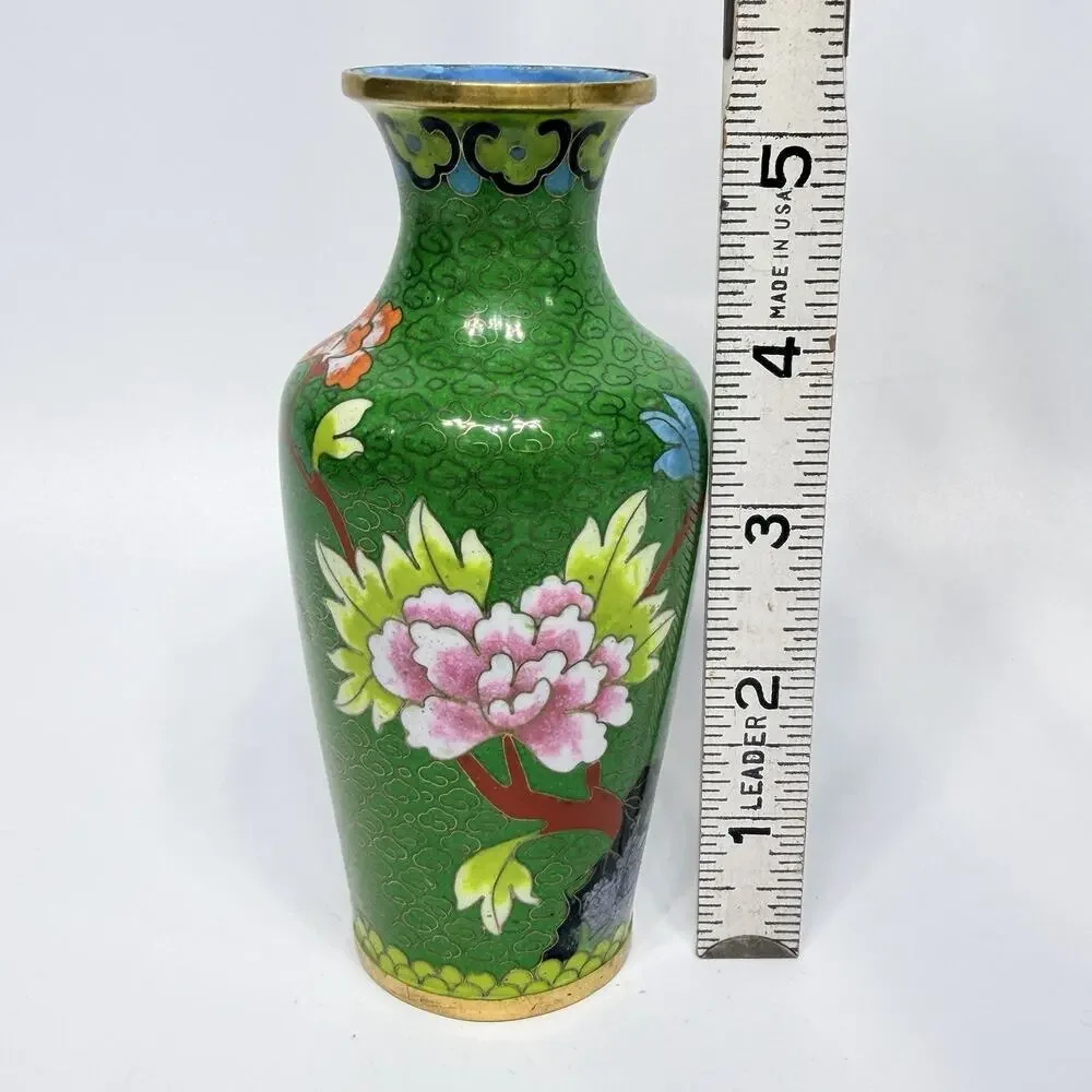 Green Cloisonne Butterfly & Flower Vase Miniature 5.5